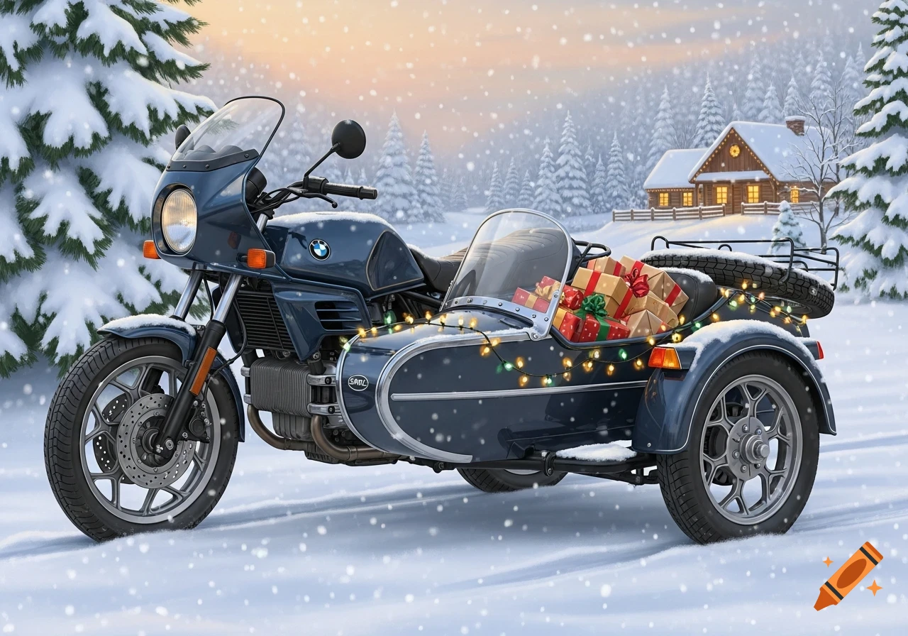 An illustrated dark blue BMW motorcycle with a sidecar, decorated with Christmas lights and gifts, on a snowy road with a cabin in the background.