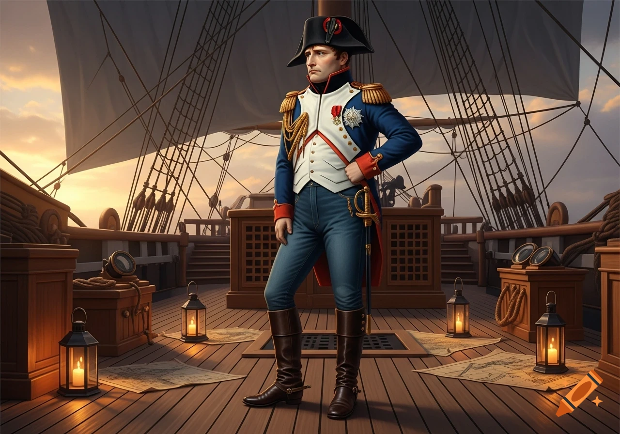 Napoleon Bonaparte in a blue military uniform and jeans stands on a wooden ship deck at sunset.