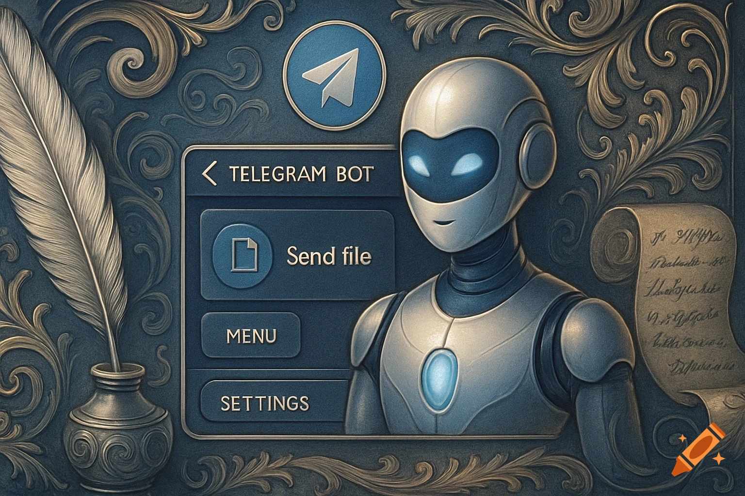 A robot alongside a Telegram bot interface with "Send file," "MENU," and "SETTINGS" buttons, framed by ornate gold and blue decorative swirls. A quill and inkwell are on the left, and a scroll with illegible text on the right.