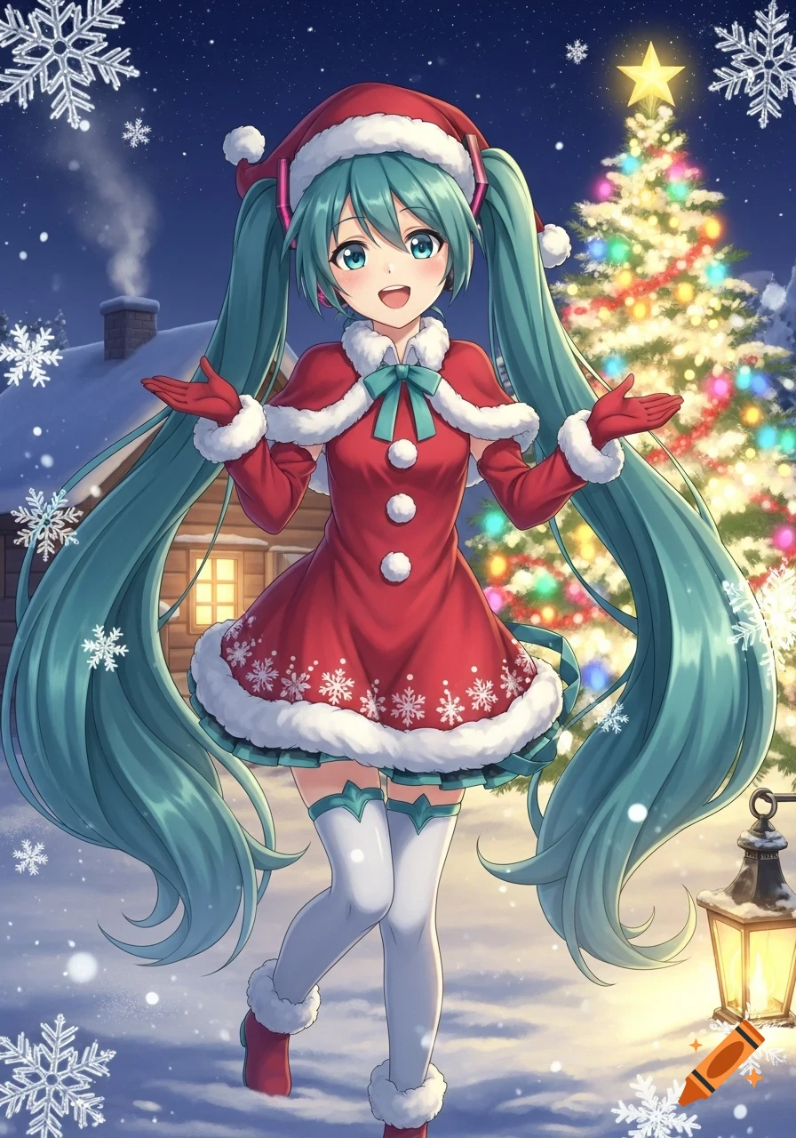 Hatsune Miku in a red Santa outfit with long teal pigtails, standing in a snowy winter scene with a lit Christmas tree and cabin.