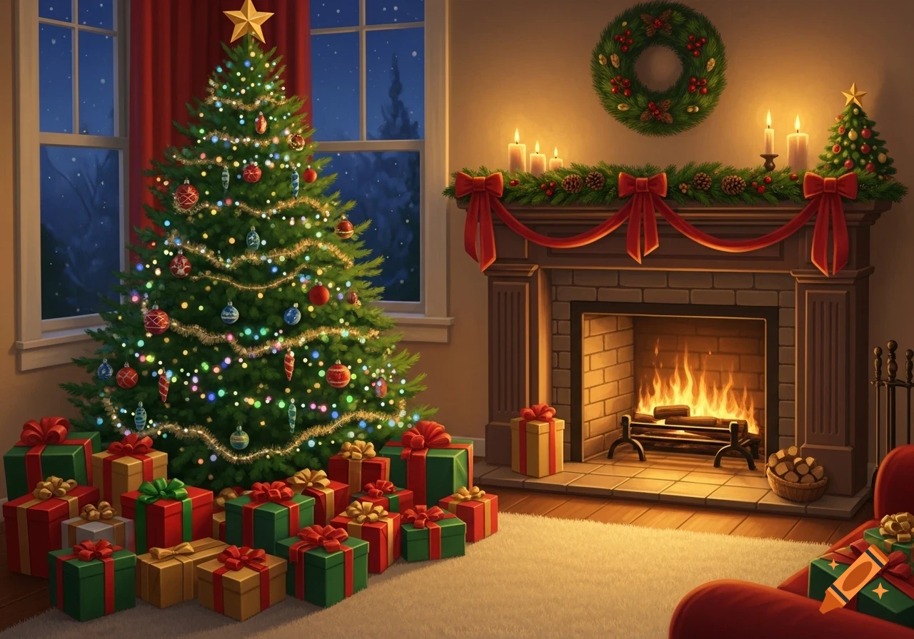 A cozy Christmas living room at night, with a brightly lit and decorated Christmas tree, numerous presents, and a warm fireplace.