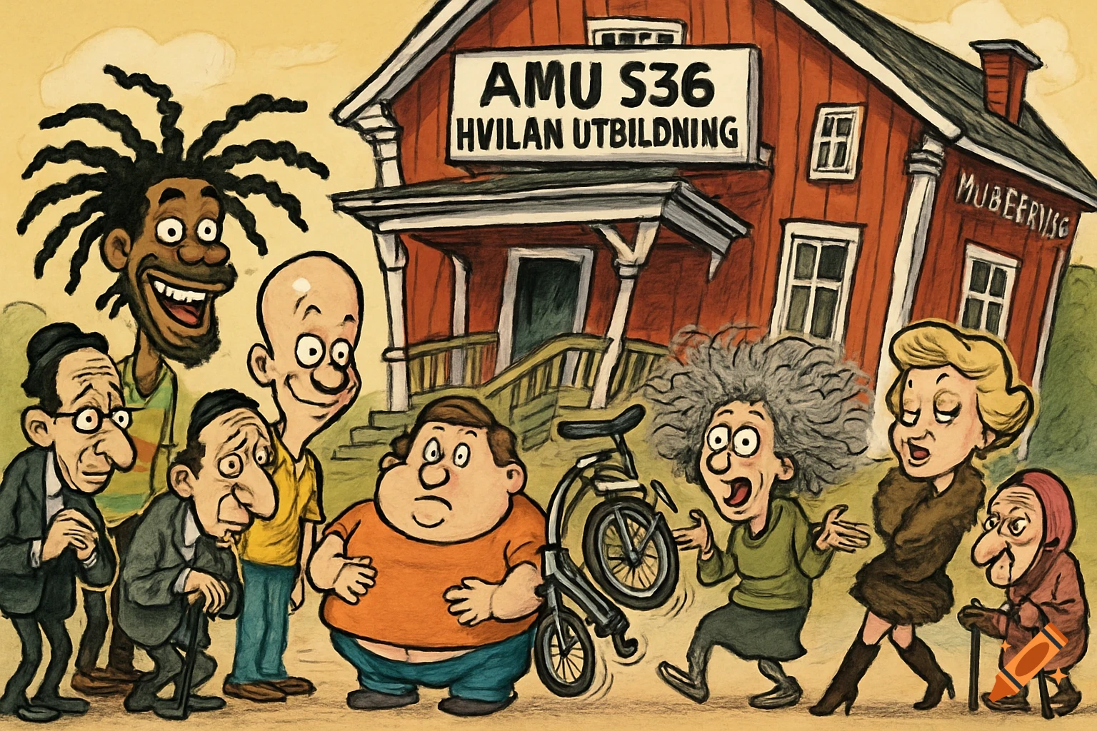Ultra-exaggerated cartoon of a diverse group of caricatured people with distorted features and absurd proportions in front of a crooked red house with a sign, in a hand-drawn style.