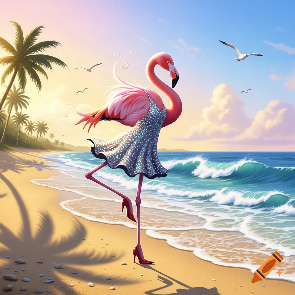 A pink flamingo wearing a sparkly silver dress and red high heels dances on a sunny beach with palm trees and ocean waves.