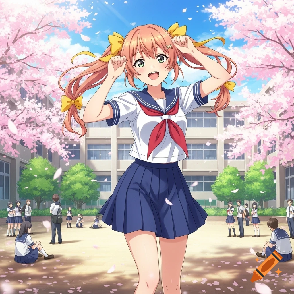 Anime girl with pink pigtails in a sailor school uniform, smiling cheerfully in a cherry blossom-filled school courtyard.