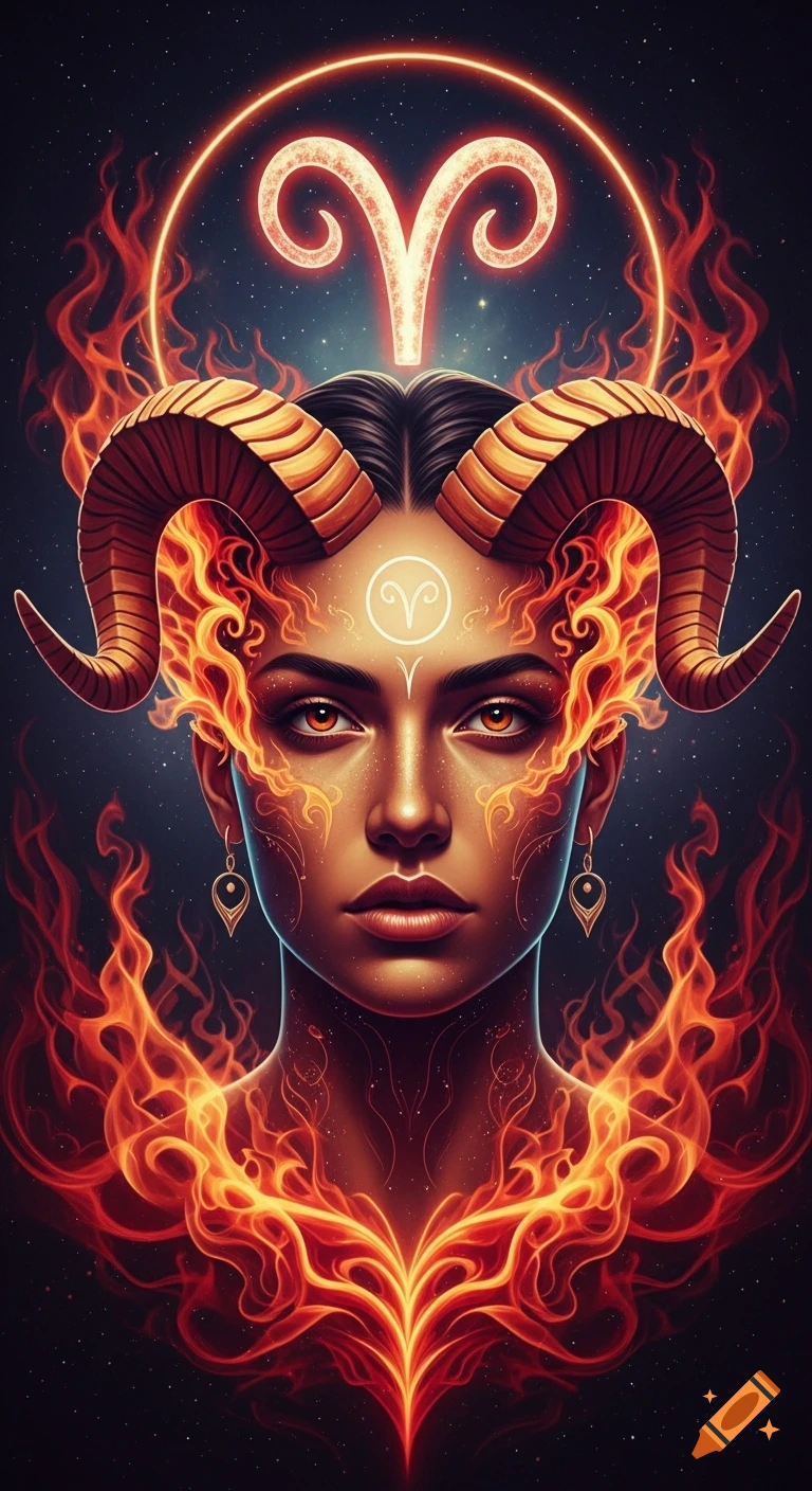 A stylized portrait of an Aries zodiac woman with ram horns, surrounded by fiery energy and glowing Aries symbols against a starry cosmic background.