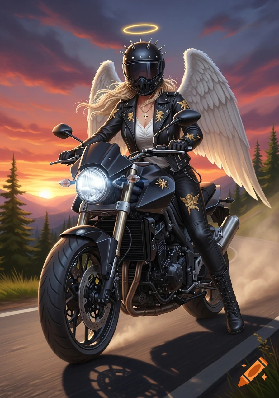 A blonde biker woman with angel wings and a halo rides a black motorcycle on a road during sunset.