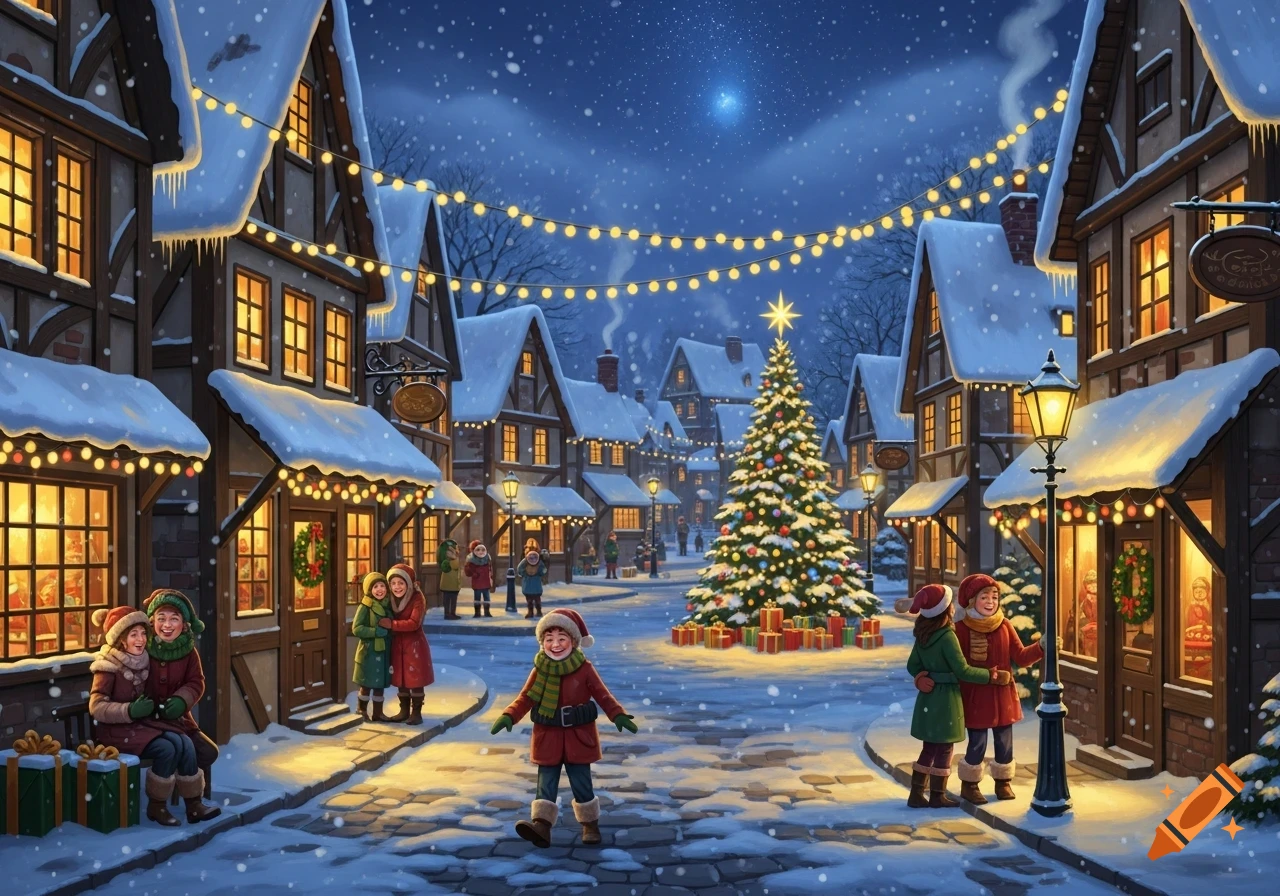 An illustrated Christmas village scene at night with snow-covered ...