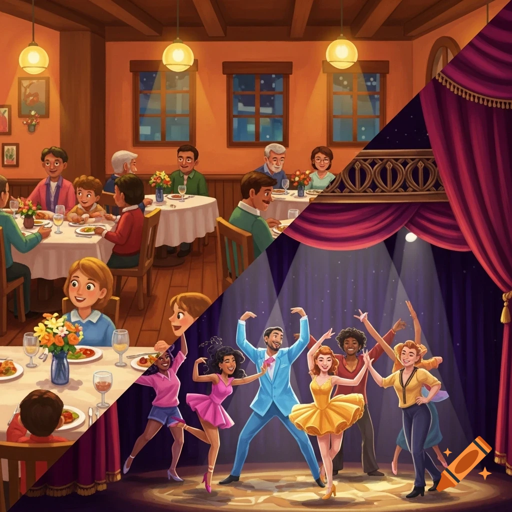 A cartoon illustration split diagonally, featuring a family dining in a restaurant on one side and diverse dancers performing on a stage on the other.