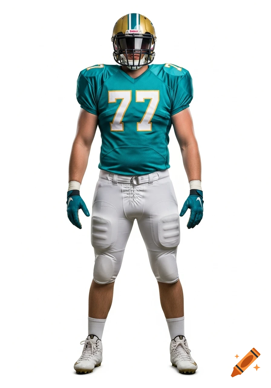 A photorealistic American football player in a teal jersey with number 77, white pants, and a gold helmet, standing on a white background.