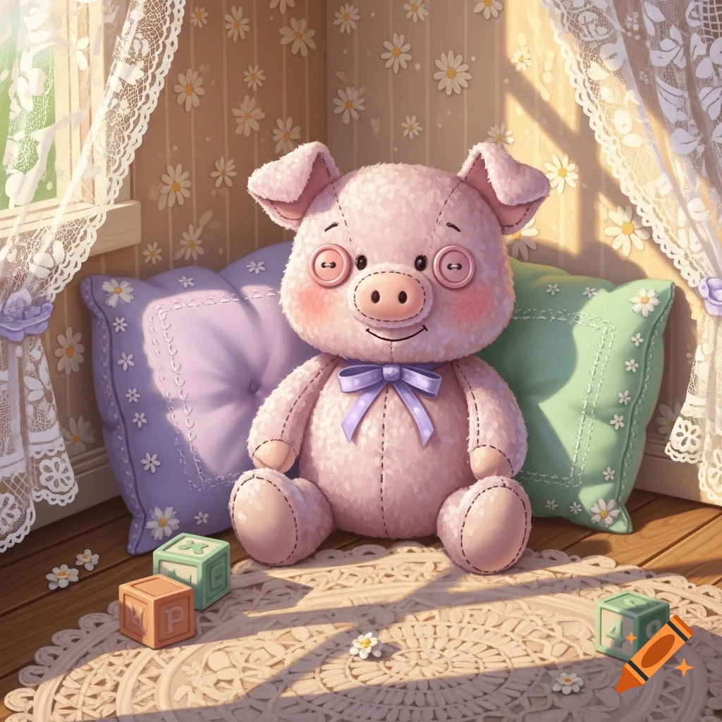 A pink plush pig with button eyes sits on a lace rug, surrounded by pastel pillows and wooden blocks in a sunny room with daisy wallpaper.