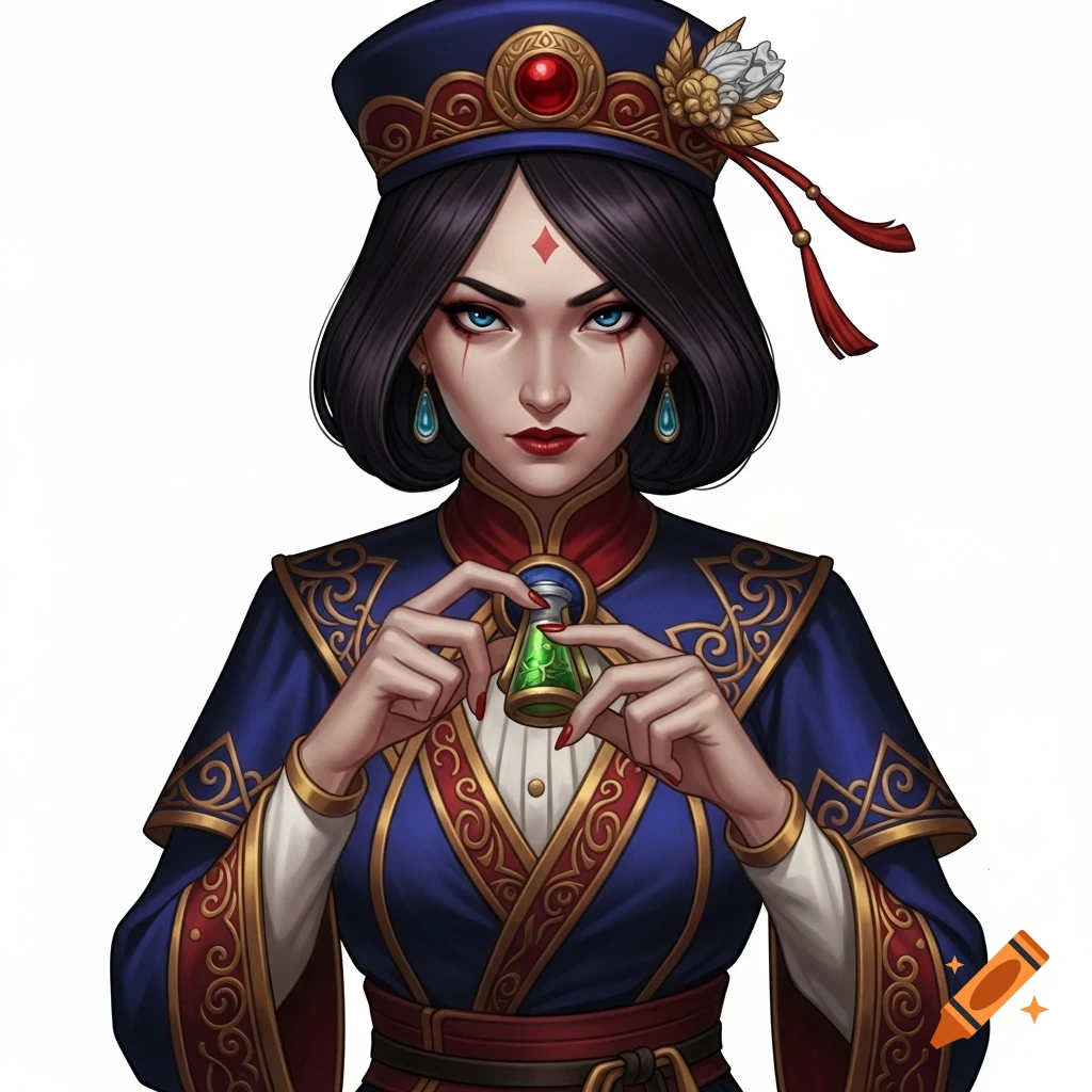 A stern-faced woman in a blue and red ornate costume, wearing a matching hat, holds a small green vial. Her dark hair is short, and she has sharp blue eyes and red lips.