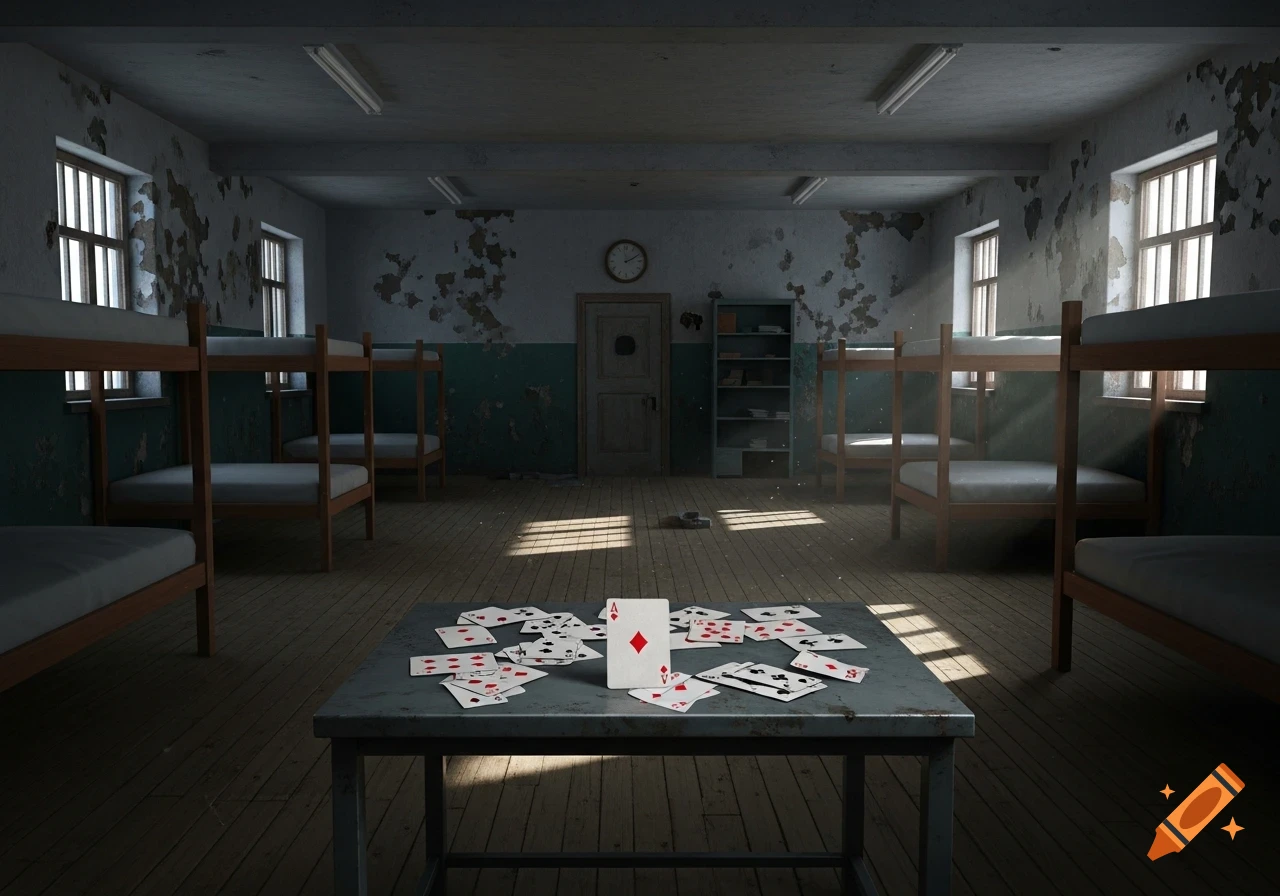 Photorealistic dimly lit prison barracks with bunk beds, peeling walls, and playing cards on a central metal table.