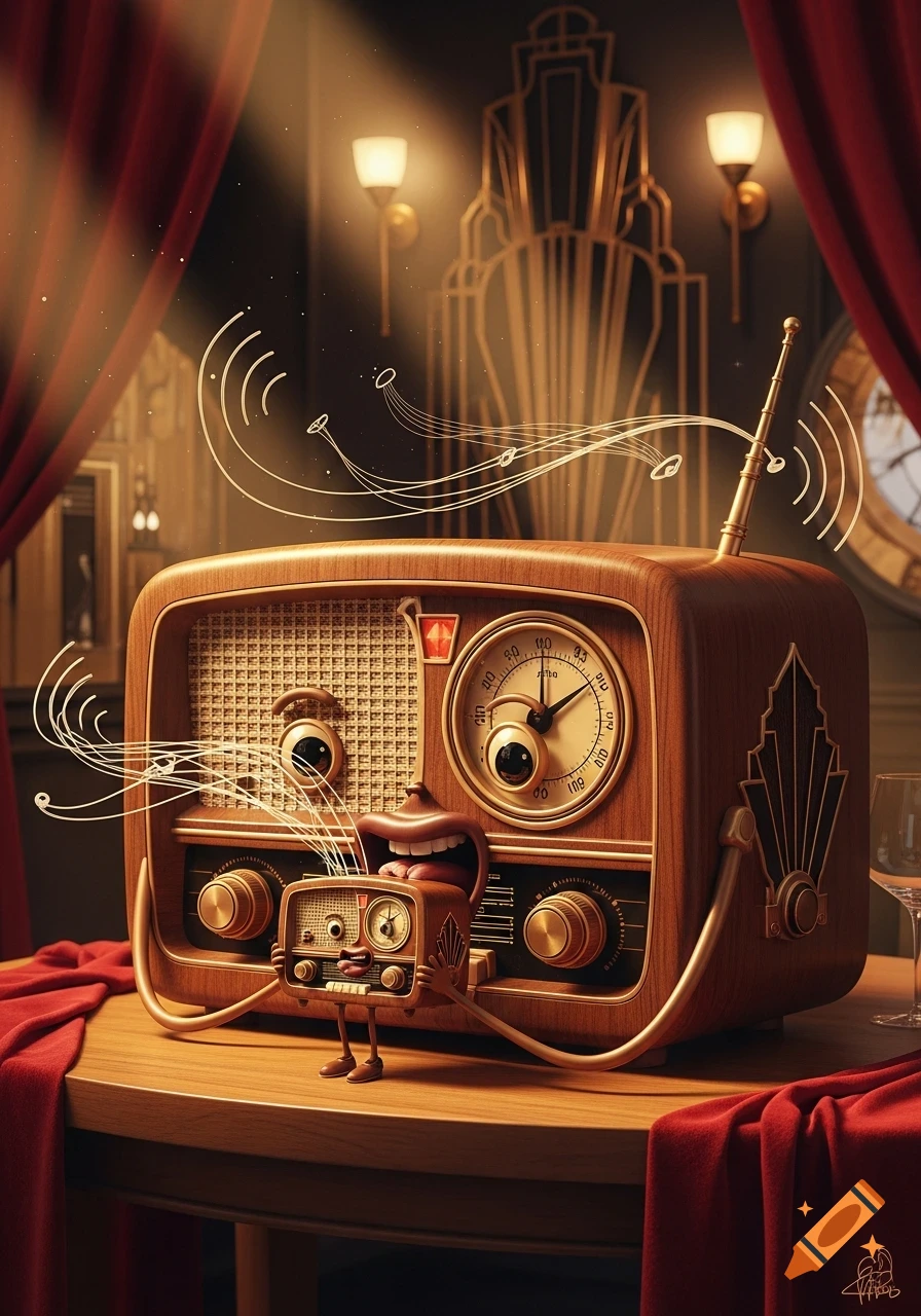 Whimsical illustration of a retro wooden radio with anthropomorphic eyes and a gaping mouth, eating a smaller, similar radio. Sound waves emanate from both, set in a dimly lit, elegant room with red drapes.