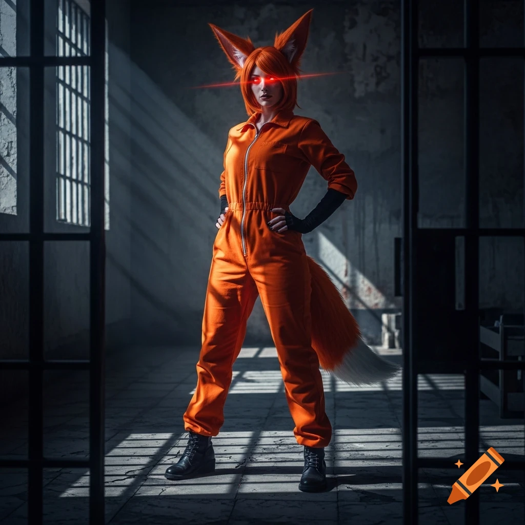 A fox-like woman in an orange jumpsuit with glowing red eyes stands in a dimly lit prison cell, hands on hips.