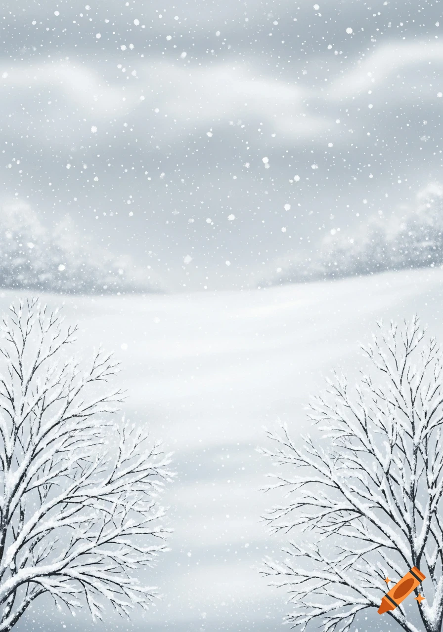 A serene winter landscape with snow-covered bare trees and falling ...