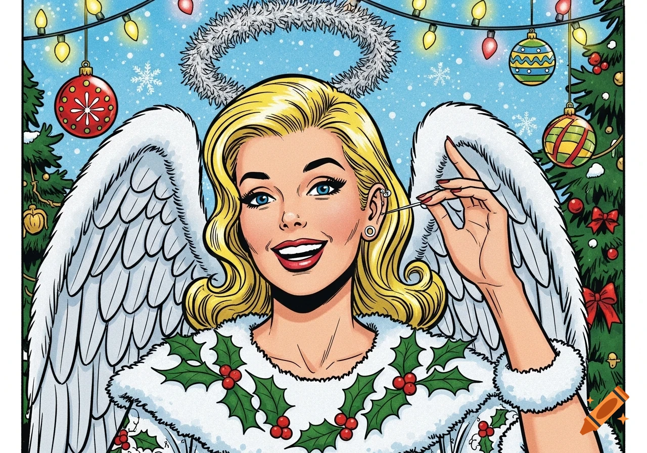 Pop art Christmas angel with blonde hair and white wings, smiling and showing a helix ear piercing, set against a snowy holiday scene.