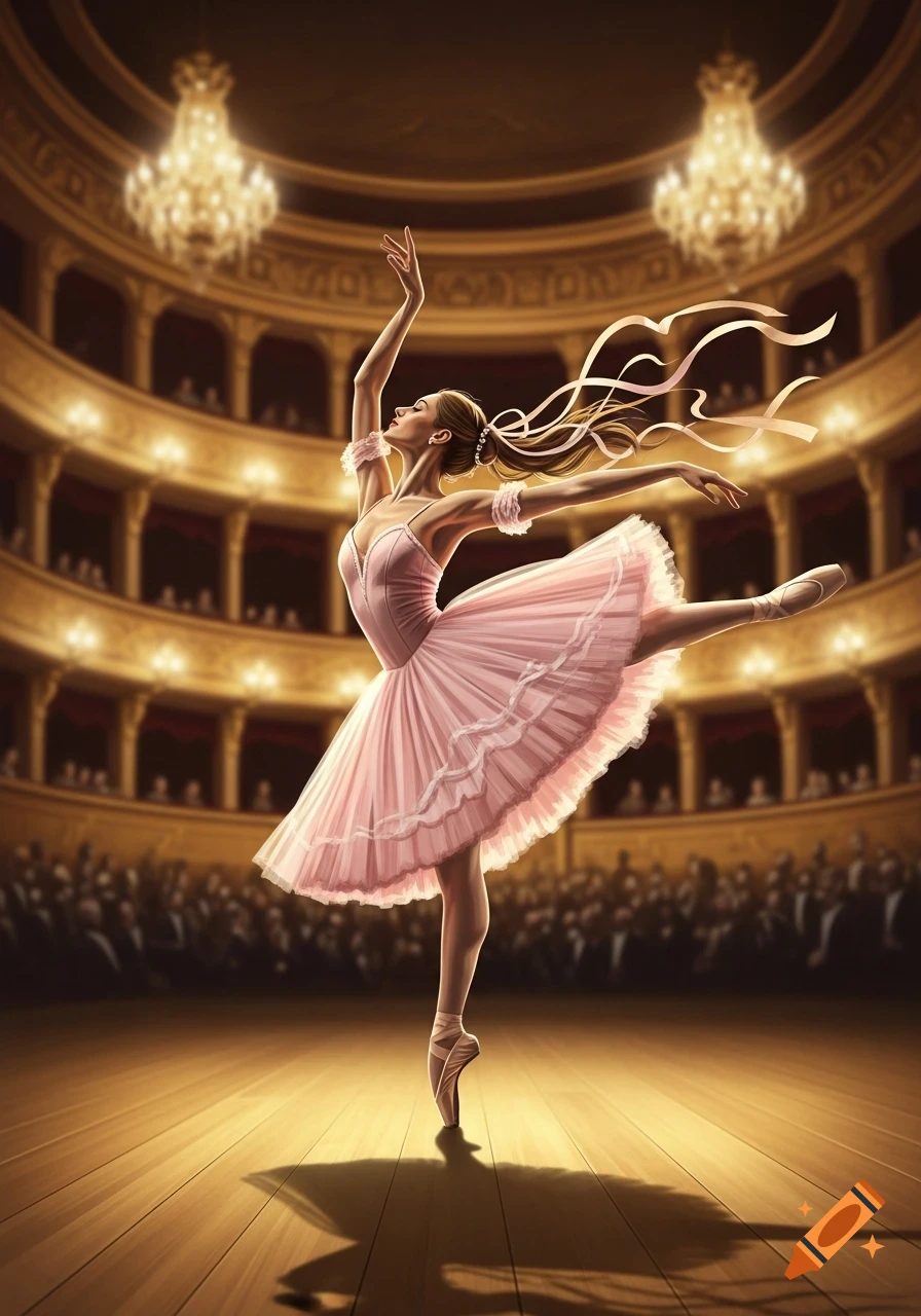 A graceful ballerina in a pink tutu dances en pointe on a spotlighted stage in a grand theater.