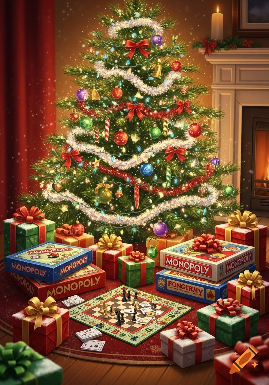 A decorated Christmas tree surrounded by wrapped presents and board games, including Monopoly, next to a lit fireplace.