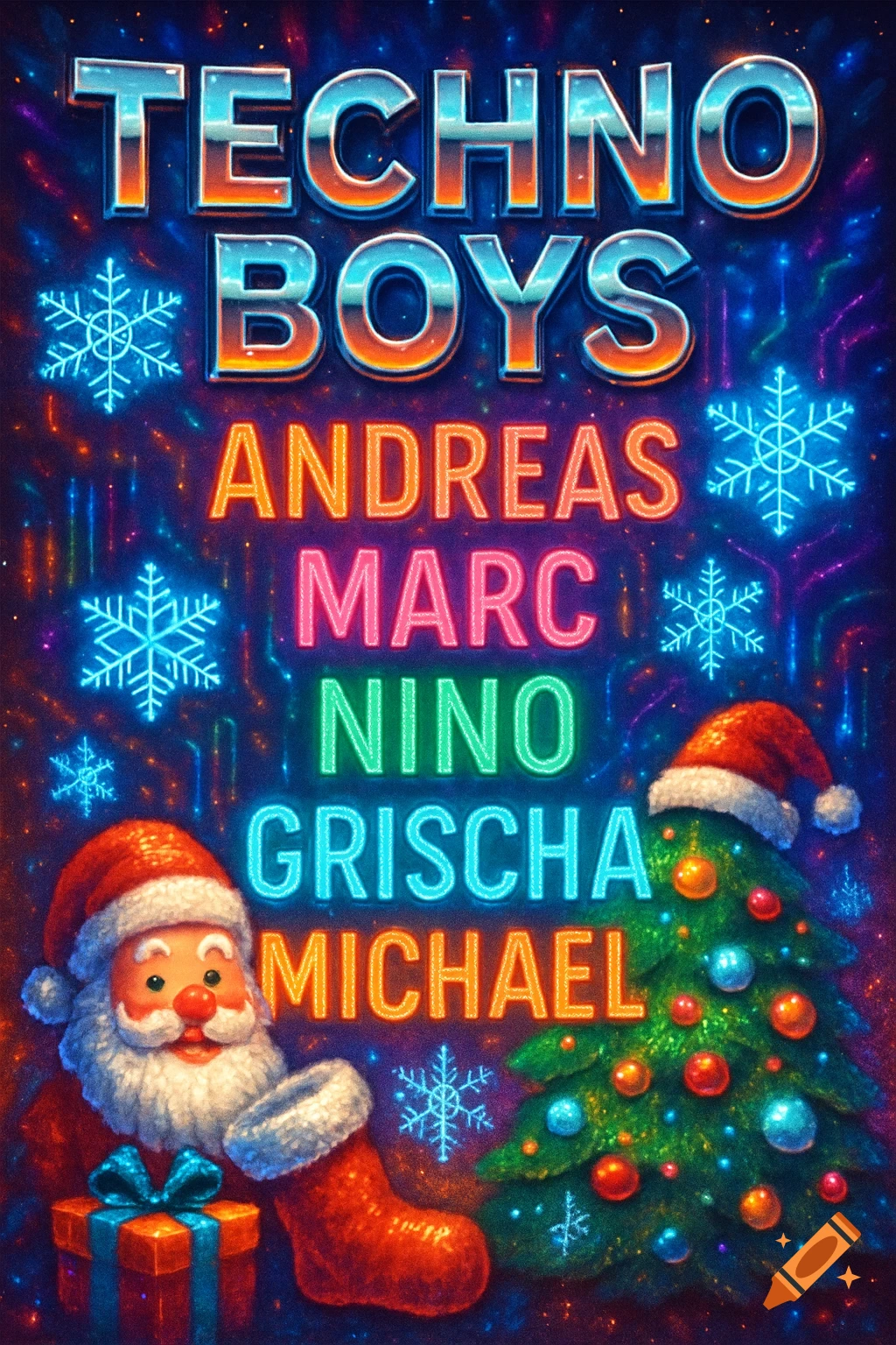 A vibrant, festive poster with 'TECHNO BOYS' and names in colorful neon, featuring Santa Claus, a gift, and a decorated Christmas tree.