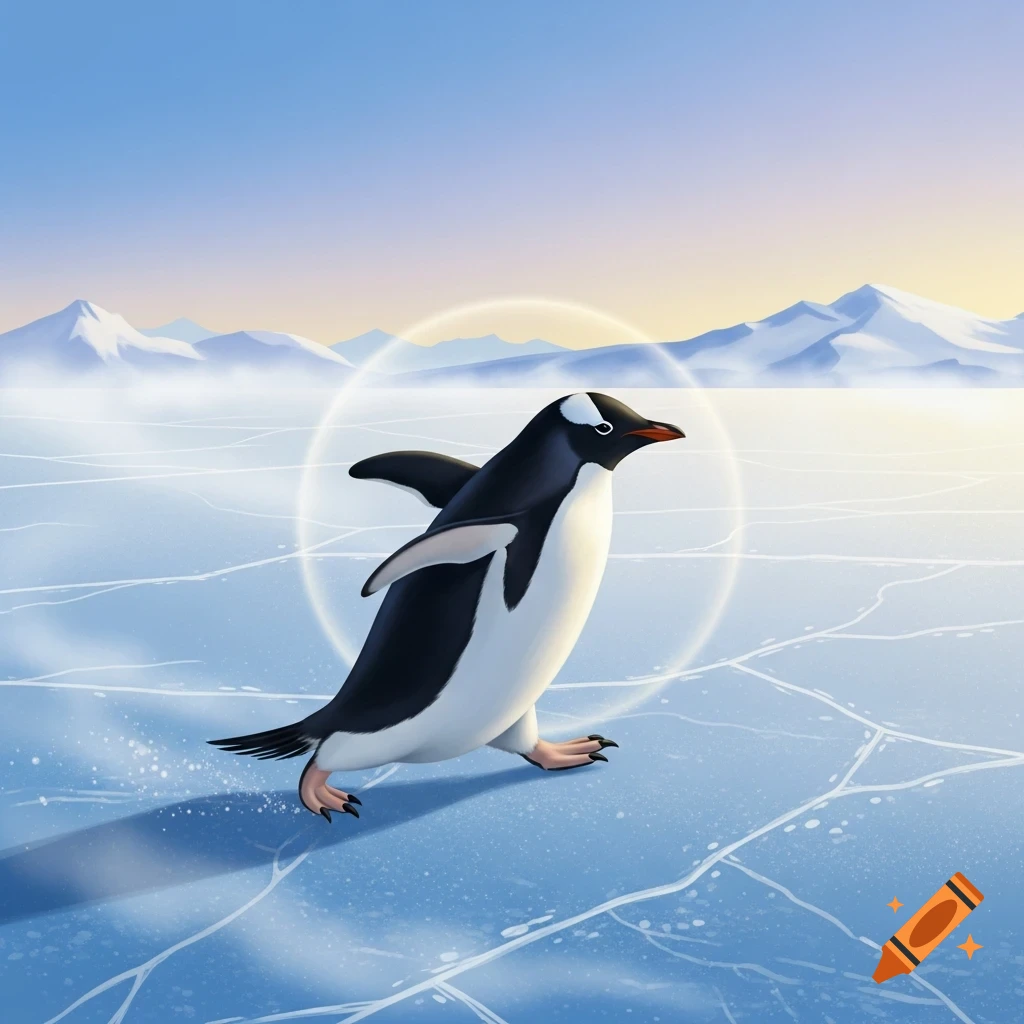 A cartoon penguin slides on cracked ice with snowy mountains under a bright sky.