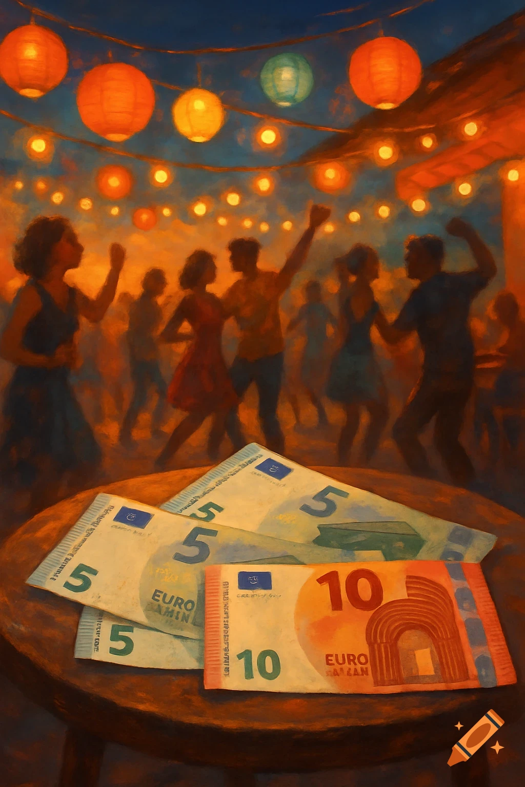 A painterly scene of a nighttime party with people dancing under hanging lanterns. In the foreground, two five-euro and one ten-euro banknotes rest on a wooden table.