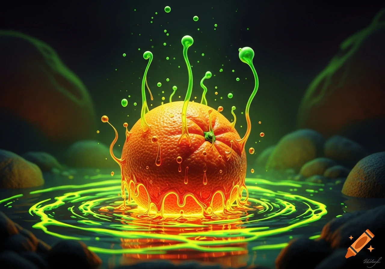 A vibrant orange glows and melts into a pool of bright green liquid, surrounded by dark rocks in a dark environment.