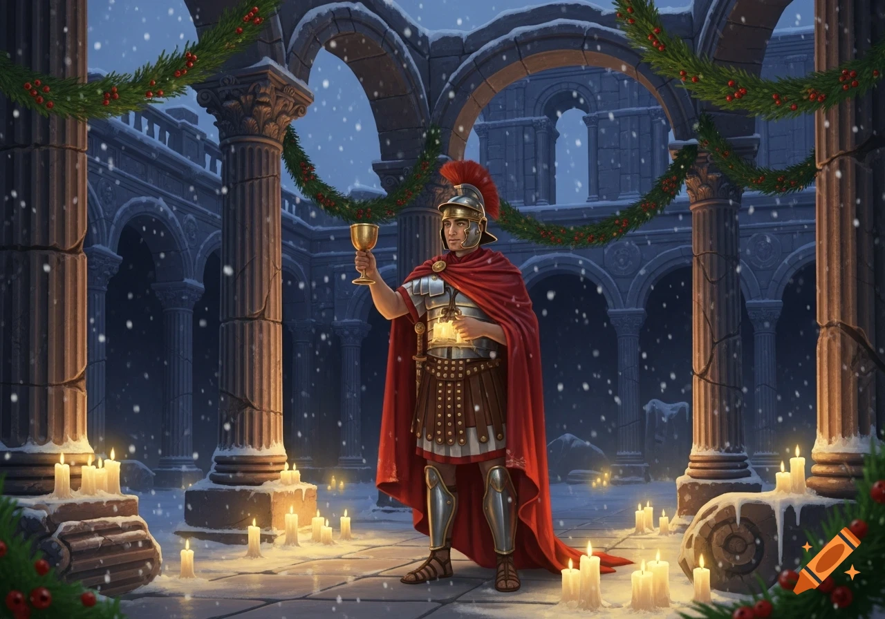 A Roman soldier in armor and a red cape holds a golden goblet and lantern in snowy ruins adorned with Christmas garlands and candles.