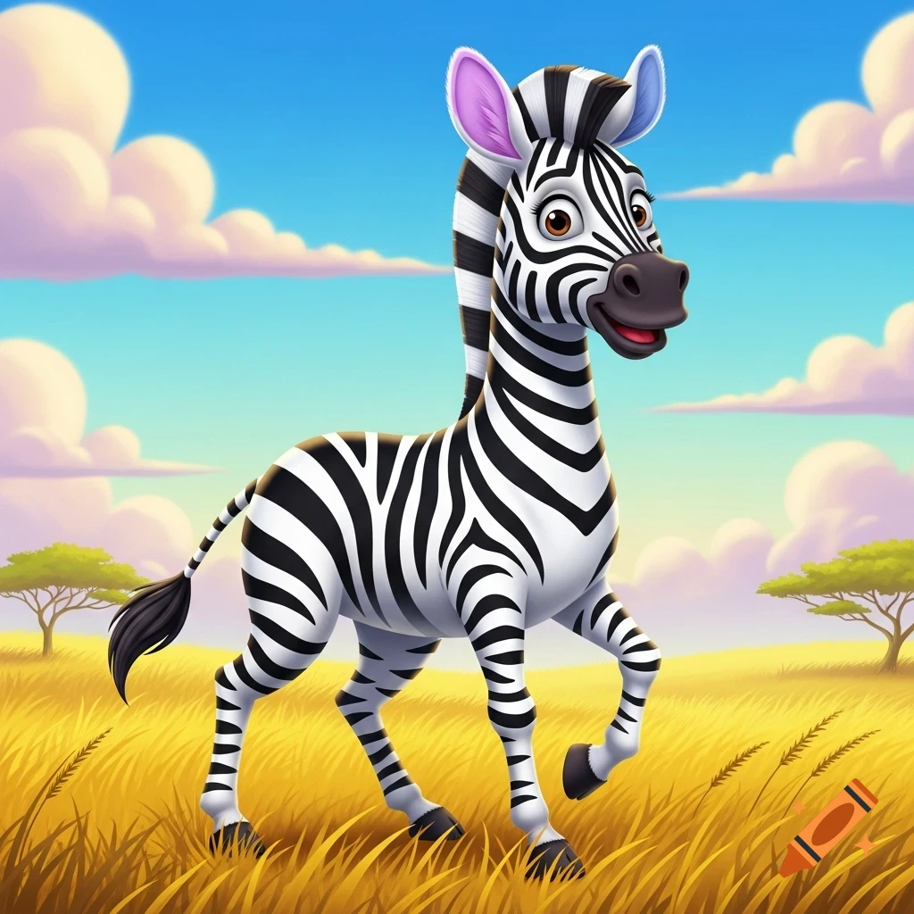 A happy cartoon zebra with purple-pink ears walks through a sunny savanna with golden grass and acacia trees.