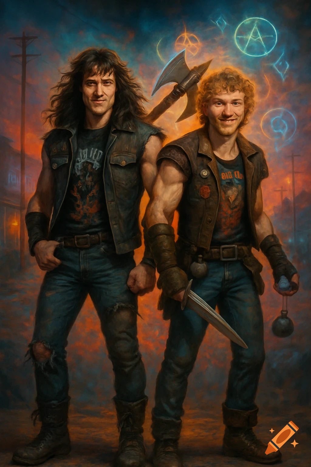 Two men in 80s metal/D&D style, one with a battle axe, the other with a dagger, against glowing runes.