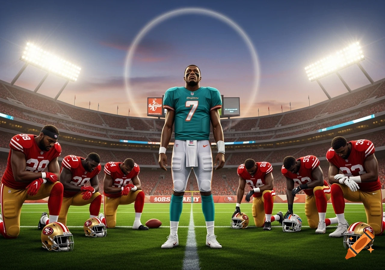 Photorealistic image of a Miami player standing on a football field while multiple 49ers players kneel around him in a stadium.