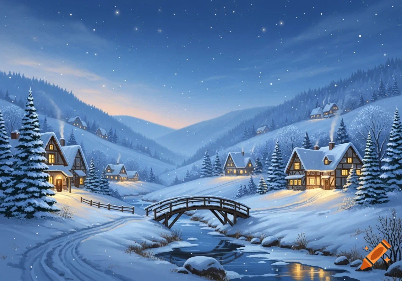 A serene winter village scene with snow-covered houses, a wooden bridge over a partially frozen river, and fir trees under a starry blue sky.