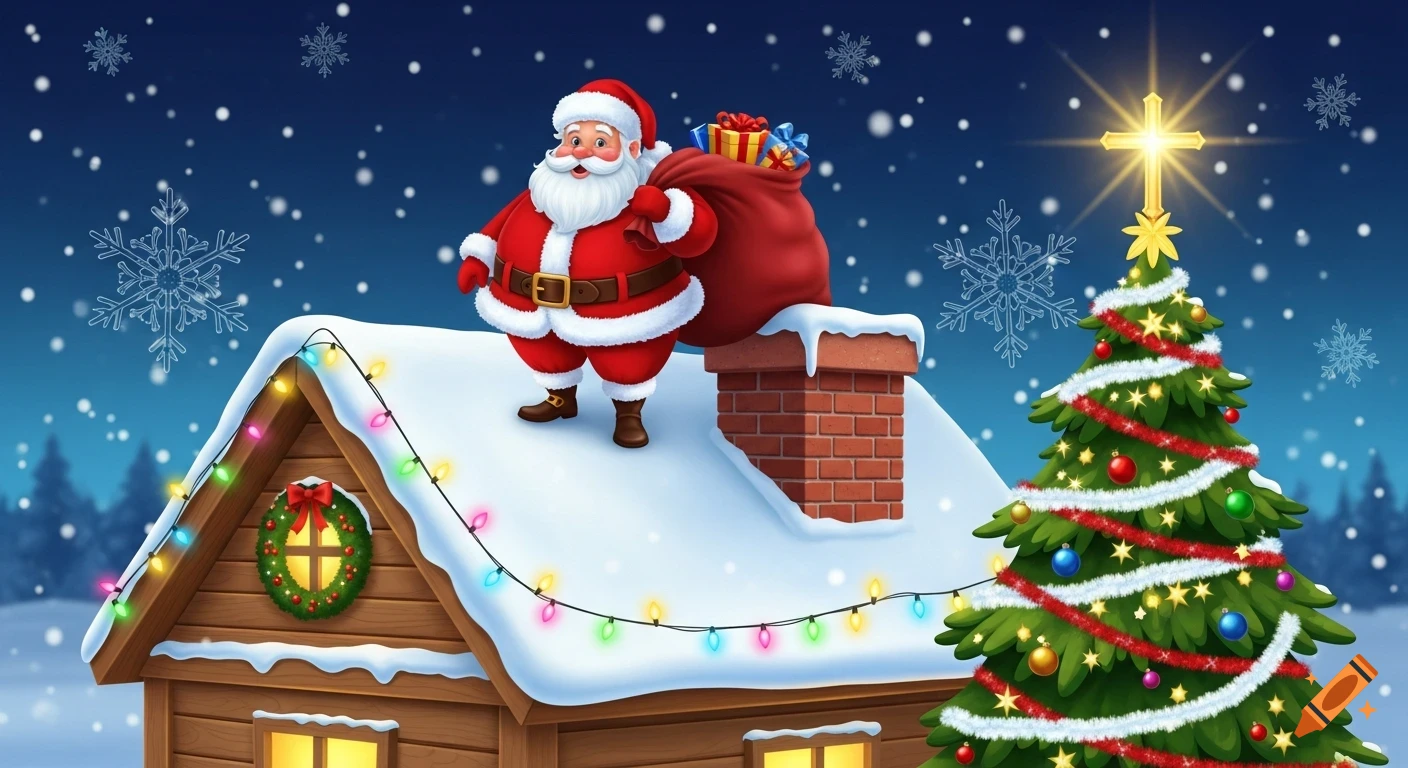 Cartoon Santa on a snowy roof with a gift bag, next to a decorated Christmas tree with a glowing cross as snow falls.