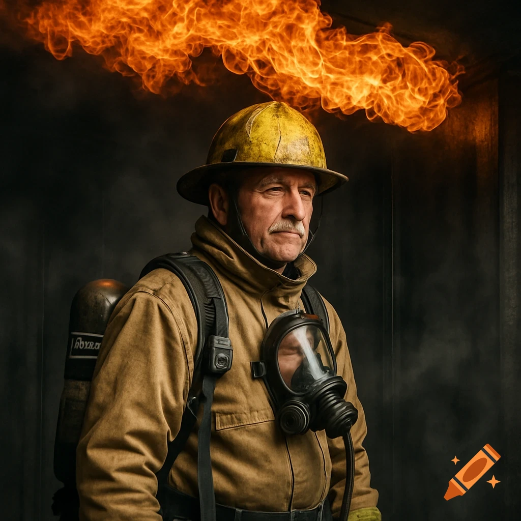 A photorealistic image of a firefighter in a training room with intense flames above his head.