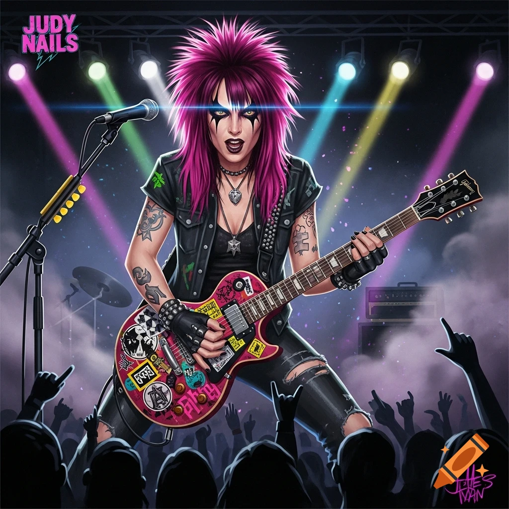 A vibrant digital illustration of a female rock musician with spiked pink hair, stage makeup, and punk attire, playing an electric guitar under colorful spotlights on a stage with a cheering crowd in the foreground.