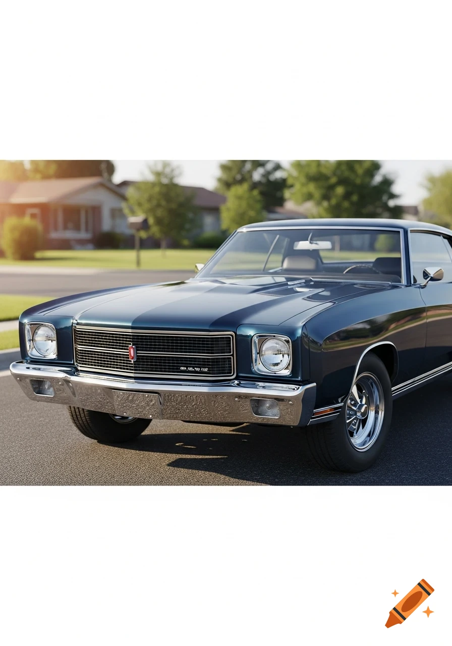 A dark blue 1972 Chevrolet Monte Carlo with chrome accents parked on a residential street under warm sunlight, in a photorealistic style.
