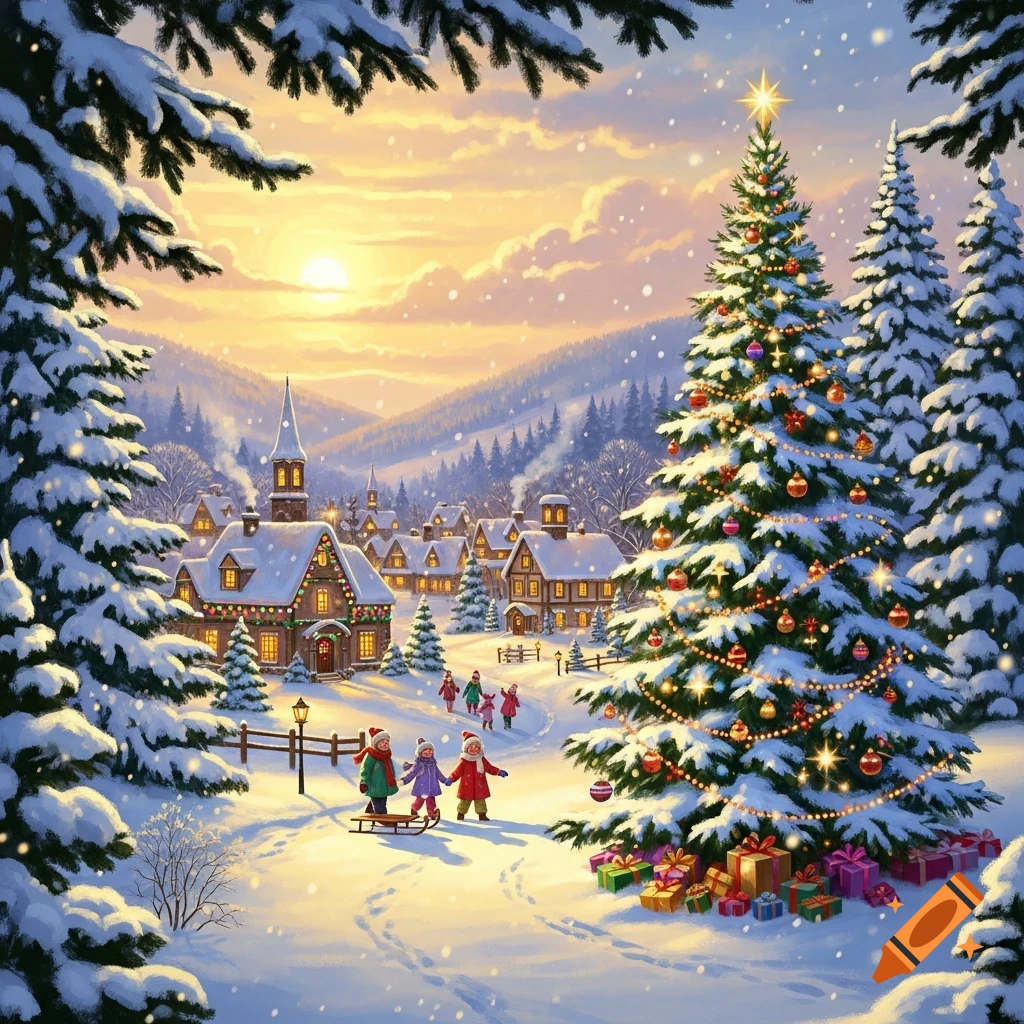 Illustrated snowy Christmas village at sunset with decorated trees, festive lights, children playing, and gifts around a tall Christmas tree.