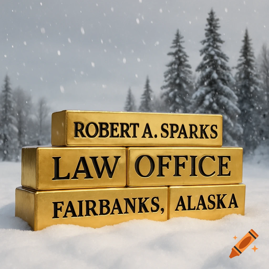 Gold blocks spell 'ROBERT A. SPARKS LAW OFFICE FAIRBANKS, ALASKA' in black letters on snow, with pine trees and falling snow in the background.