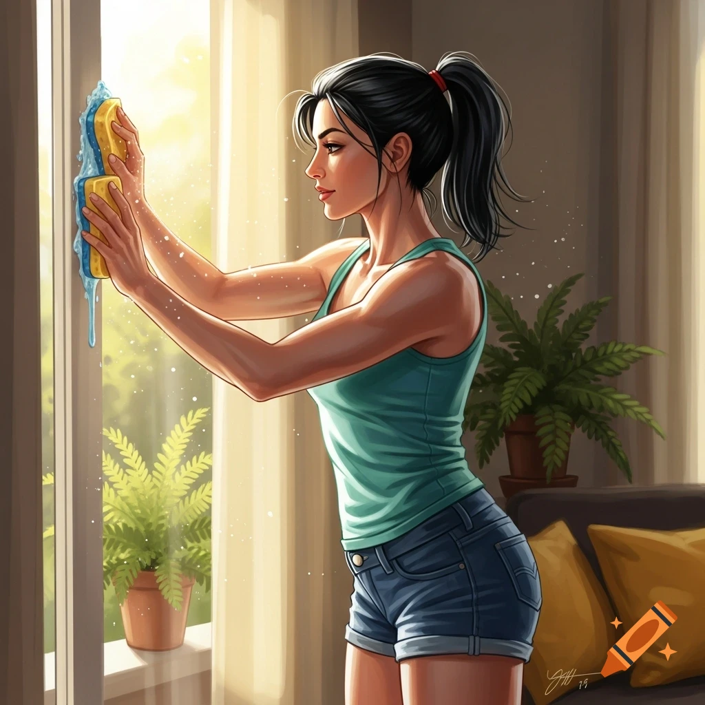 Illustrated woman with dark hair in a ponytail, wearing a tank top and shorts, cleaning a sunlit window with a yellow sponge.