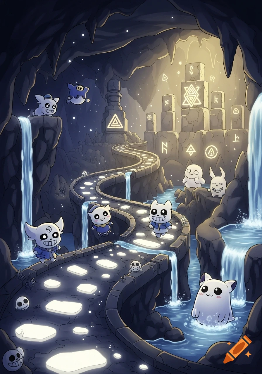 Cartoon-style creatures with skeleton faces and one with a ghost-like body explore a glowing cave with waterfalls, ruins, and a path of light-up stones.
