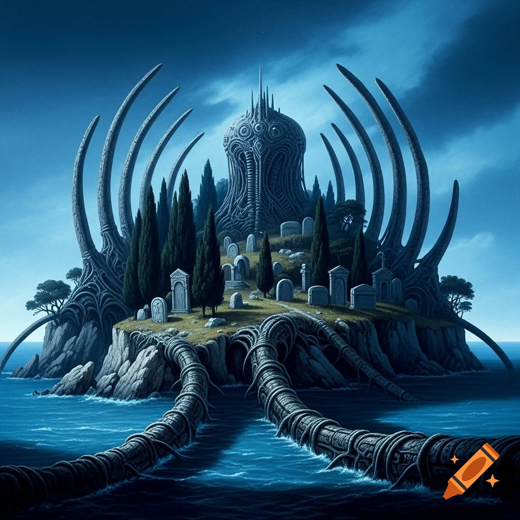 A dark, surreal island graveyard with gnarled trees and a HR Giger-esque biomechanical structure, surrounded by blue water under a cloudy sky.
