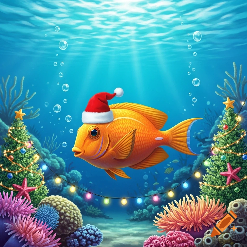 A cartoonish orange fish wearing a Santa hat swims in a vibrant underwater Christmas scene with decorated coral Christmas trees and string lights.