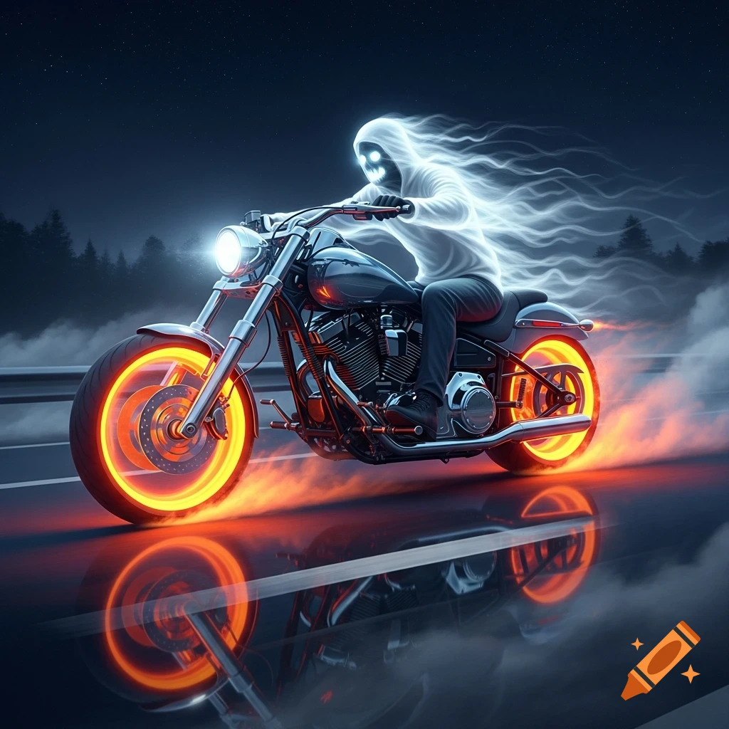 An ethereal ghost with glowing eyes rides a motorcycle with fiery, glowing wheels on a dark night road, leaving a smoky trail.