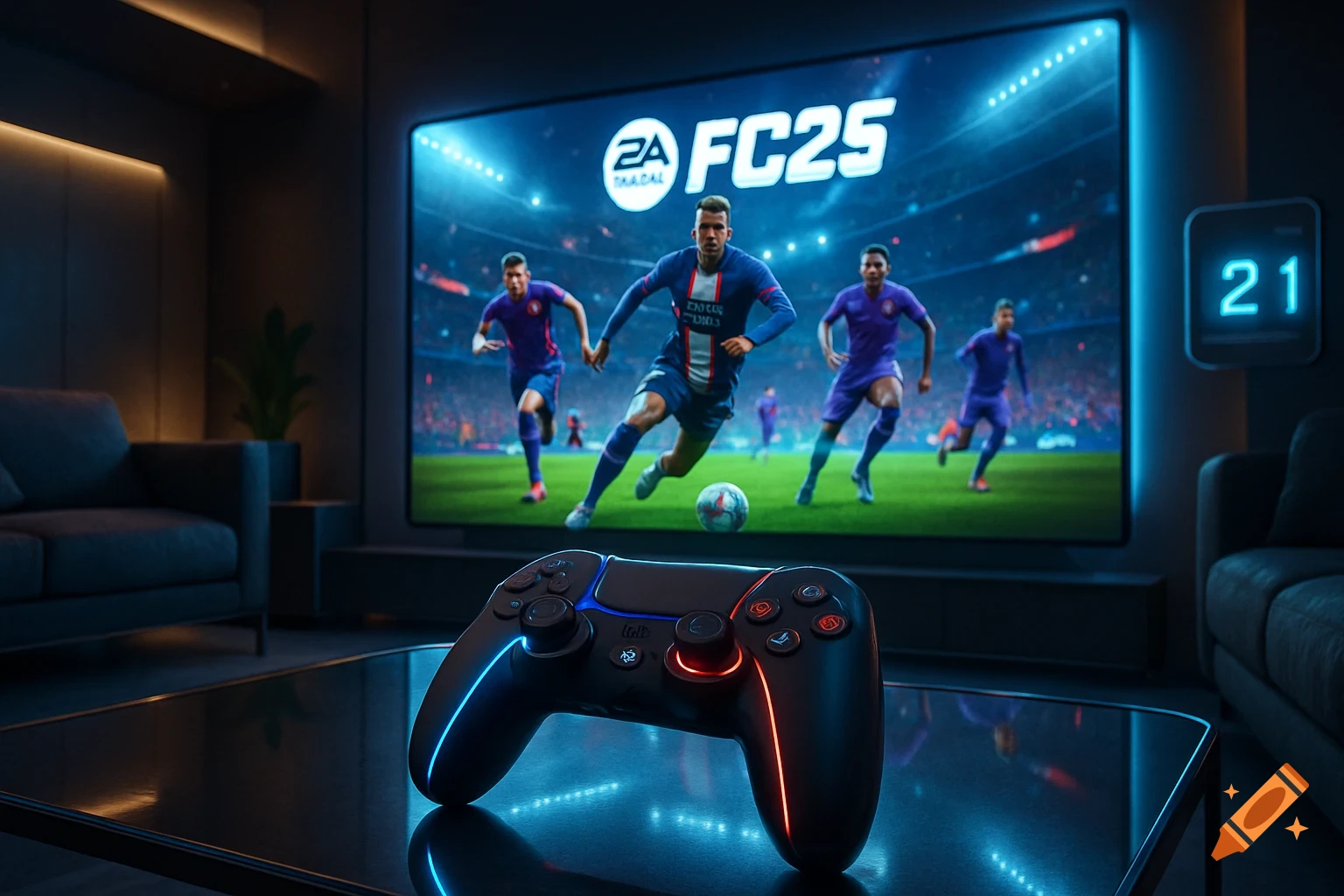 A close-up of a gaming controller with blue and orange neon lights on a table, with a large TV displaying a soccer video game in the background. The game shows players on a field with text "EA FC25" and "TAADAL" on the screen. A neon "21" sign is on the wall.