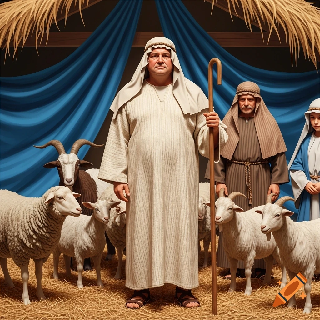 A man in a cream tunic and head covering holds a staff, surrounded by other figures, sheep, and goats in a barn-like setting with blue drapes and straw. Photorealistic.