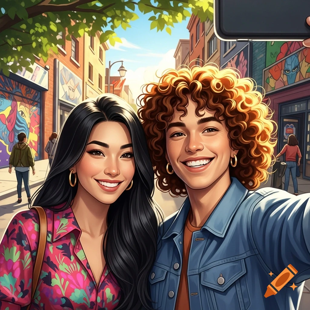 Two smiling friends take a selfie on a vibrant, sunny city street with colorful murals in a bright illustration style.