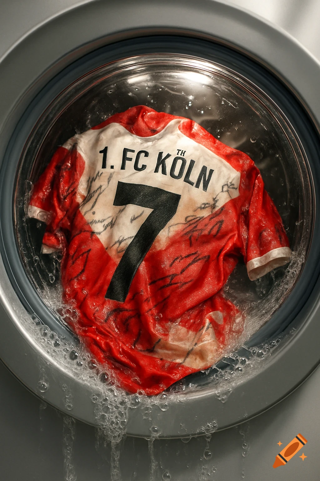 Photorealistic close-up of a red and white 1. FC K R jersey with number 7 and blurred autographs, being washed in a front-loading washing machine, surrounded by water and bubbles.