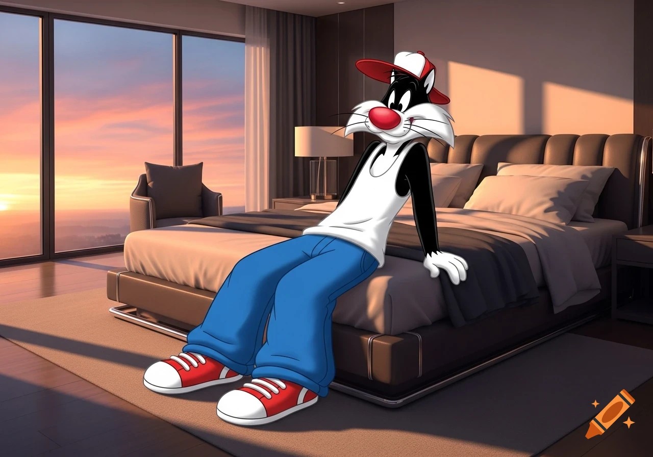 Cartoon Sylvester the Cat wearing a tank top, blue pants, and a baseball cap, sitting on a luxury bed in a modern room with a sunset view.