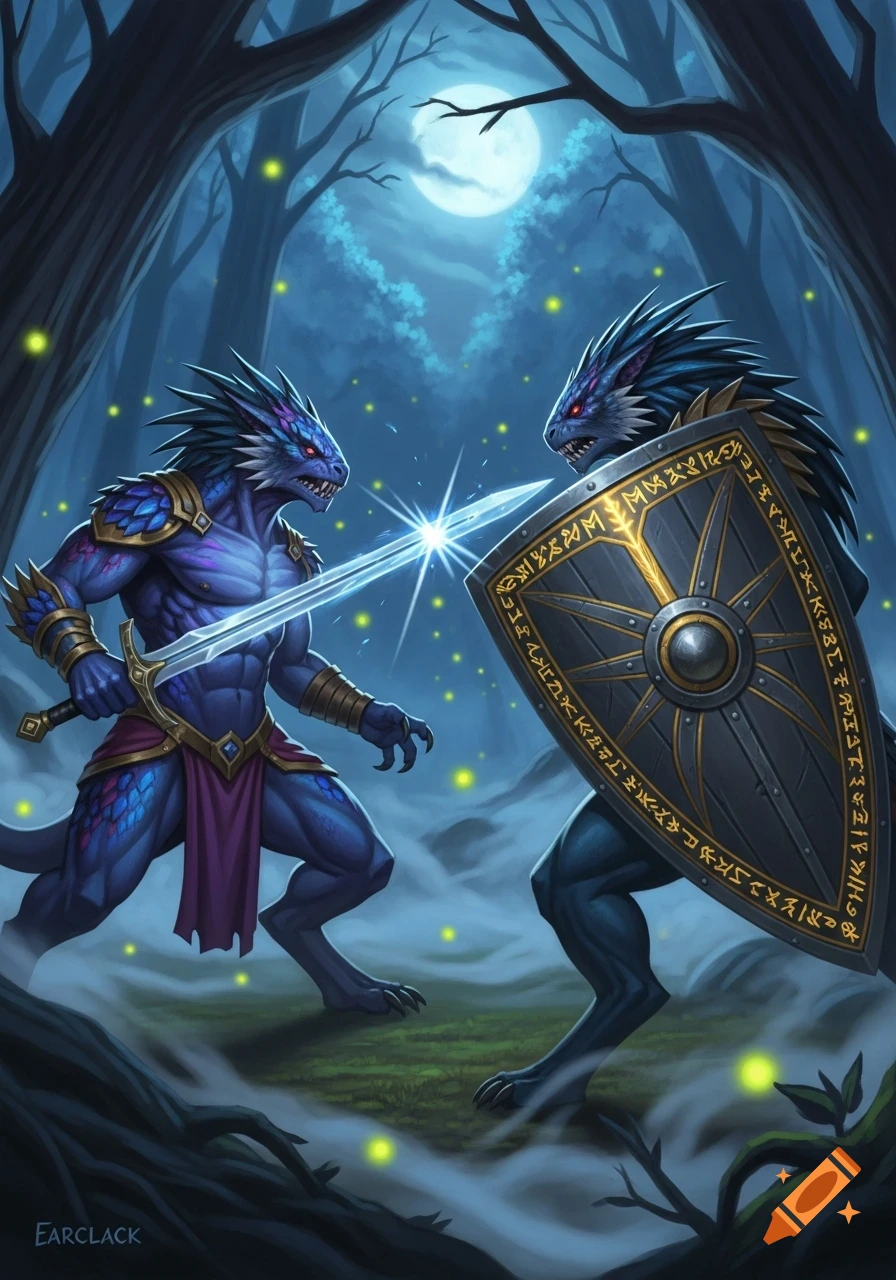 Two blue fantasy lizardmen, one with a glowing sword and the other with a shield, face off in a mystical moonlit forest.