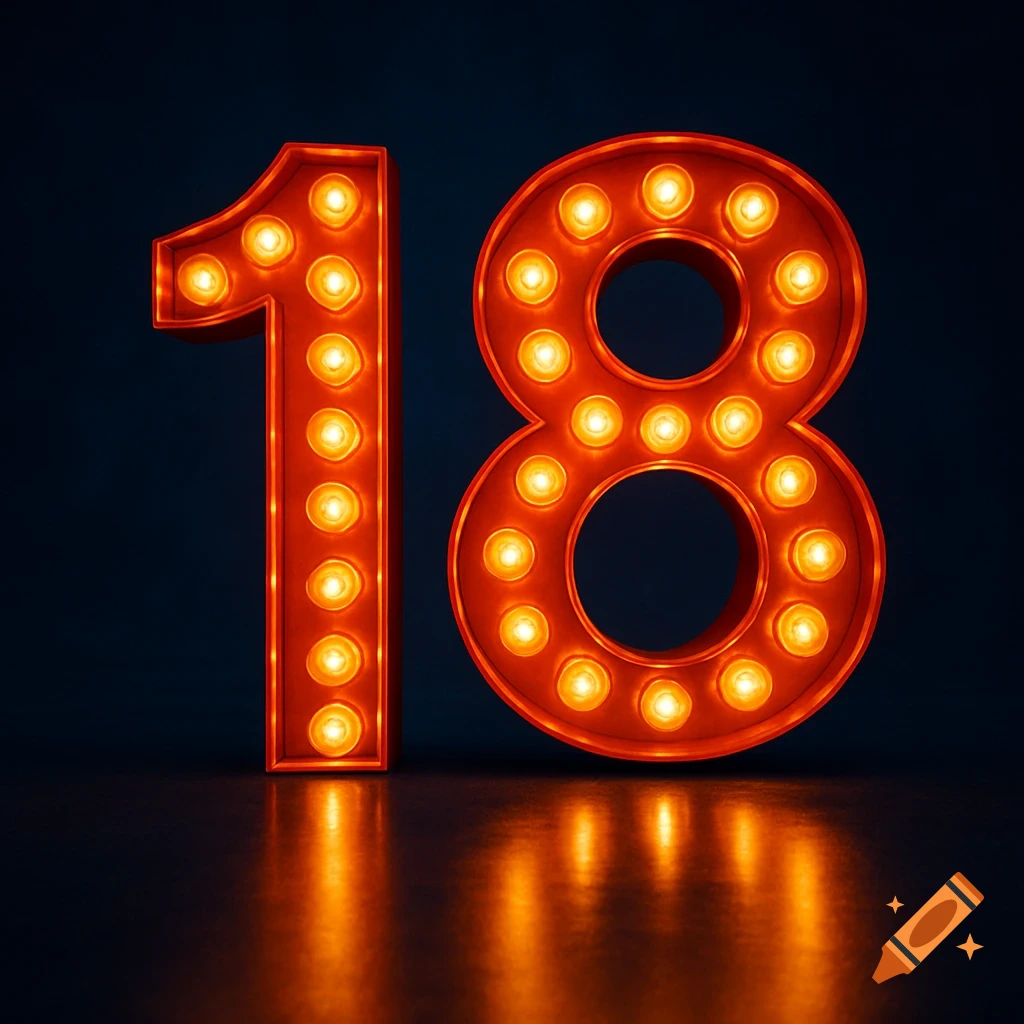 Bright orange marquee lights form the number 18 against a dark background, reflecting on a glossy surface.