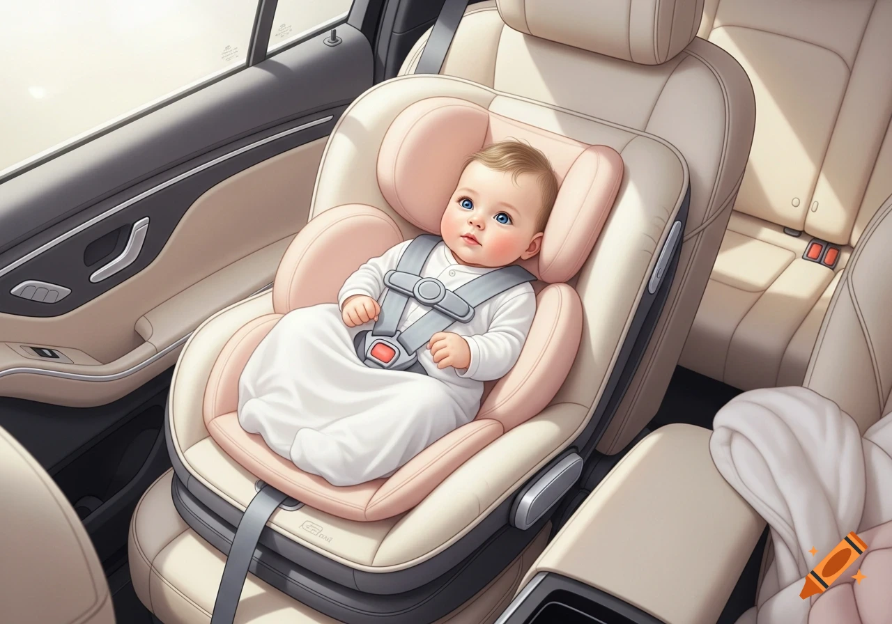 A cute baby with blue eyes sits securely in a beige and pink car seat in a car. Photorealistic style.
